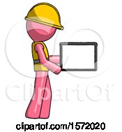 Poster, Art Print Of Pink Construction Worker Contractor Man Show Tablet Device Computer To Viewer Blank Area