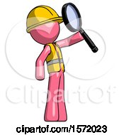 Poster, Art Print Of Pink Construction Worker Contractor Man Inspecting With Large Magnifying Glass Facing Up