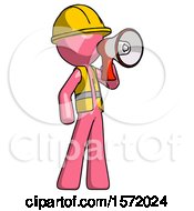Poster, Art Print Of Pink Construction Worker Contractor Man Shouting Into Megaphone Bullhorn Facing Right
