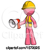 Poster, Art Print Of Pink Construction Worker Contractor Man Holding Megaphone Bullhorn Facing Right