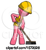 Poster, Art Print Of Pink Construction Worker Contractor Man Cleaning Services Janitor Sweeping Side View
