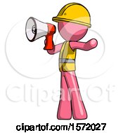 Poster, Art Print Of Pink Construction Worker Contractor Man Shouting Into Megaphone Bullhorn Facing Left