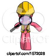 Poster, Art Print Of Pink Construction Worker Contractor Man Looking Down Through Magnifying Glass