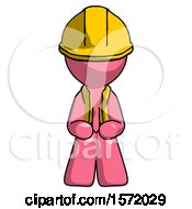 Poster, Art Print Of Pink Construction Worker Contractor Man Squatting Facing Front