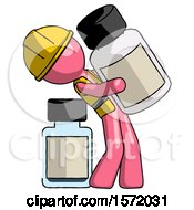 Poster, Art Print Of Pink Construction Worker Contractor Man Holding Large White Medicine Bottle With Bottle In Background