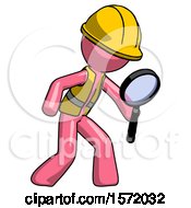 Poster, Art Print Of Pink Construction Worker Contractor Man Inspecting With Large Magnifying Glass Right