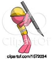 Poster, Art Print Of Pink Construction Worker Contractor Man Stabbing Or Cutting With Scalpel