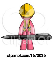 Poster, Art Print Of Pink Construction Worker Contractor Man Weightlifting A Giant Pen