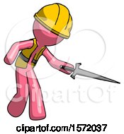 Poster, Art Print Of Pink Construction Worker Contractor Man Sword Pose Stabbing Or Jabbing