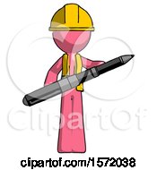 Pink Construction Worker Contractor Man Posing Confidently With Giant Pen