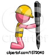 Pink Construction Worker Contractor Man Posing With Giant Pen In Powerful Yet Awkward Manner
