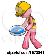 Poster, Art Print Of Pink Construction Worker Contractor Man Walking With Large Compass