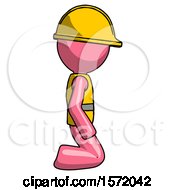 Poster, Art Print Of Pink Construction Worker Contractor Man Kneeling Right