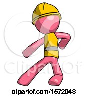 Poster, Art Print Of Pink Construction Worker Contractor Man Karate Defense Pose Left