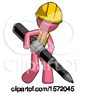 Poster, Art Print Of Pink Construction Worker Contractor Man Writing With A Really Big Pen