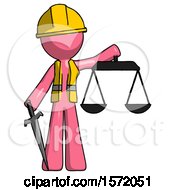 Poster, Art Print Of Pink Construction Worker Contractor Man Justice Concept With Scales And Sword Justicia Derived
