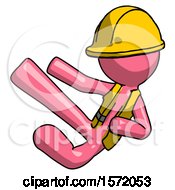 Poster, Art Print Of Pink Construction Worker Contractor Man Flying Ninja Kick Left