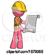 Poster, Art Print Of Pink Construction Worker Contractor Man Holding Blueprints Or Scroll