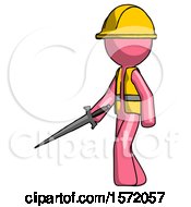 Poster, Art Print Of Pink Construction Worker Contractor Man With Sword Walking Confidently