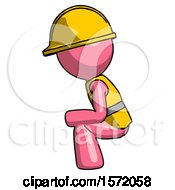 Poster, Art Print Of Pink Construction Worker Contractor Man Squatting Facing Left