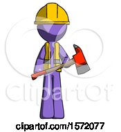 Poster, Art Print Of Purple Construction Worker Contractor Man Holding Red Fire Fighters Ax