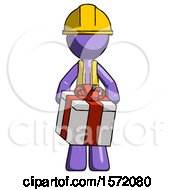 Poster, Art Print Of Purple Construction Worker Contractor Man Gifting Present With Large Bow Front View