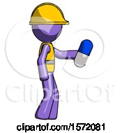 Poster, Art Print Of Purple Construction Worker Contractor Man Holding Blue Pill Walking To Right