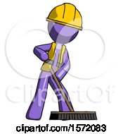 Purple Construction Worker Contractor Man Cleaning Services Janitor Sweeping Floor With Push Broom