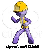 Poster, Art Print Of Purple Construction Worker Contractor Man Martial Arts Defense Pose Left