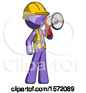 Poster, Art Print Of Purple Construction Worker Contractor Man Shouting Into Megaphone Bullhorn Facing Right