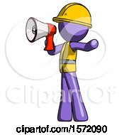 Poster, Art Print Of Purple Construction Worker Contractor Man Shouting Into Megaphone Bullhorn Facing Left