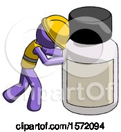 Poster, Art Print Of Purple Construction Worker Contractor Man Pushing Large Medicine Bottle