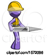 Poster, Art Print Of Purple Construction Worker Contractor Man Walking With Large Thermometer