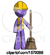 Poster, Art Print Of Purple Construction Worker Contractor Man Standing With Broom Cleaning Services