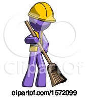 Purple Construction Worker Contractor Man Sweeping Area With Broom
