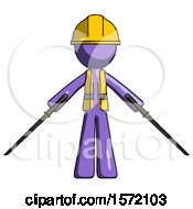 Purple Construction Worker Contractor Man Posing With Two Ninja Sword Katanas