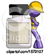 Poster, Art Print Of Purple Construction Worker Contractor Man Leaning Against Large Medicine Bottle