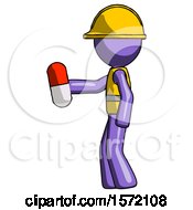 Poster, Art Print Of Purple Construction Worker Contractor Man Holding Red Pill Walking To Left