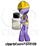 Poster, Art Print Of Purple Construction Worker Contractor Man Holding White Medicine Bottle