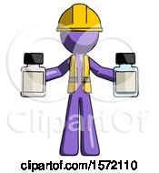 Poster, Art Print Of Purple Construction Worker Contractor Man Holding Two Medicine Bottles