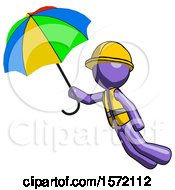 Poster, Art Print Of Purple Construction Worker Contractor Man Flying With Rainbow Colored Umbrella