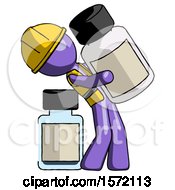Poster, Art Print Of Purple Construction Worker Contractor Man Holding Large White Medicine Bottle With Bottle In Background