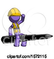 Poster, Art Print Of Purple Construction Worker Contractor Man Riding A Pen Like A Giant Rocket