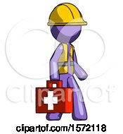 Poster, Art Print Of Purple Construction Worker Contractor Man Walking With Medical Aid Briefcase To Right