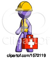 Poster, Art Print Of Purple Construction Worker Contractor Man Walking With Medical Aid Briefcase To Left