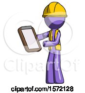 Poster, Art Print Of Purple Construction Worker Contractor Man Reviewing Stuff On Clipboard