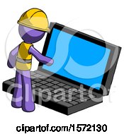 Poster, Art Print Of Purple Construction Worker Contractor Man Using Large Laptop Computer