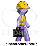 Poster, Art Print Of Purple Construction Worker Contractor Man Walking With Briefcase To The Right