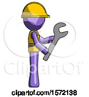 Poster, Art Print Of Purple Construction Worker Contractor Man Using Wrench Adjusting Something To Right