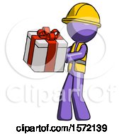 Poster, Art Print Of Purple Construction Worker Contractor Man Presenting A Present With Large Red Bow On It